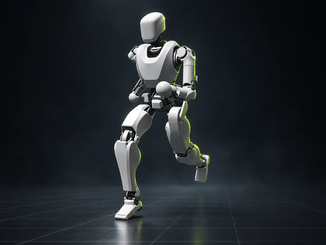Render of a humanoid robot mid-stride